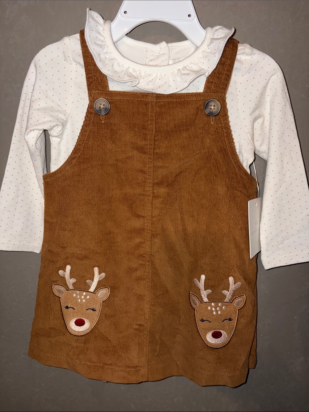 Starting Out Brown Corduroy Reindeer Pinafore Dress with Cream Top